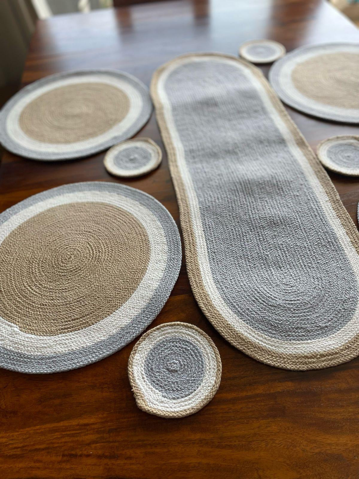 Handcrafted Jute & Cotton Table Mat Set – 10 Pieces (Natural Beige & Grey)