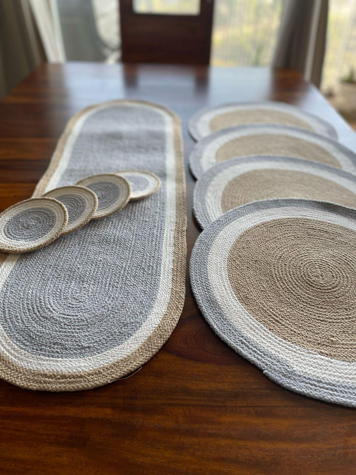 Handcrafted Jute & Cotton Table Mat Set – 10 Pieces (Natural Beige & Grey)