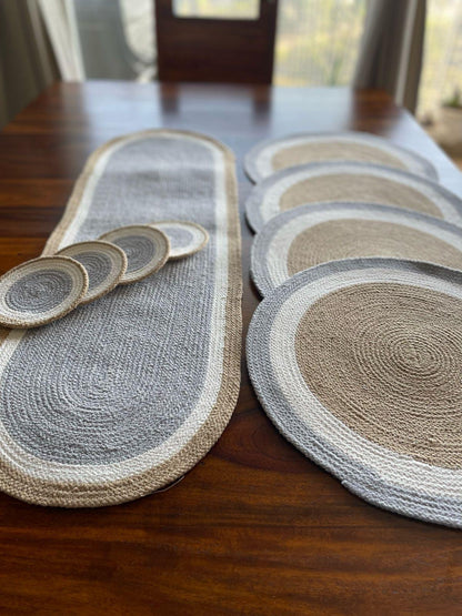 Handcrafted Jute & Cotton Table Mat Set – 10 Pieces (Natural Beige & Grey)