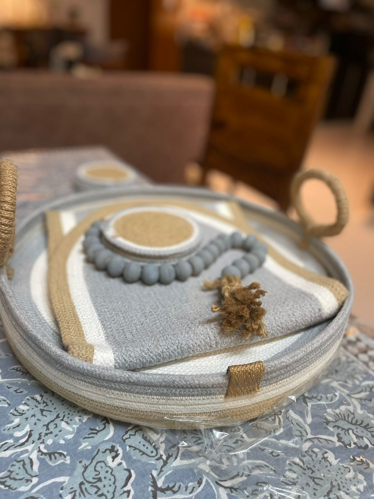 Handcrafted Jute & Cotton Table Mat Set – 10 Pieces (Natural Beige & Grey)